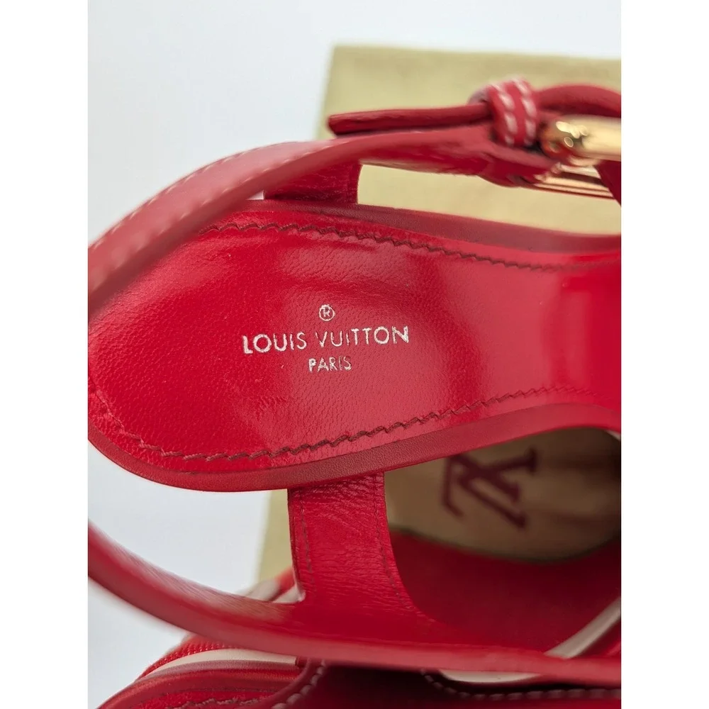 Louis Vuitton Red Waterfall Wedge Cloth & Leather Sandals Size 37.5 EU/7 US